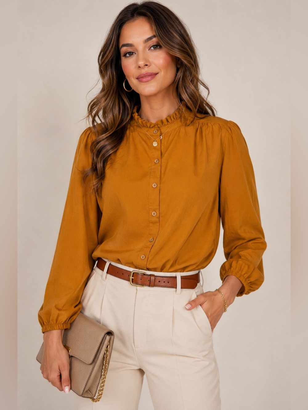 Tommy Hilfiger Mustard Ruffle Neck Button Front Long Sleeve Blouse Top M